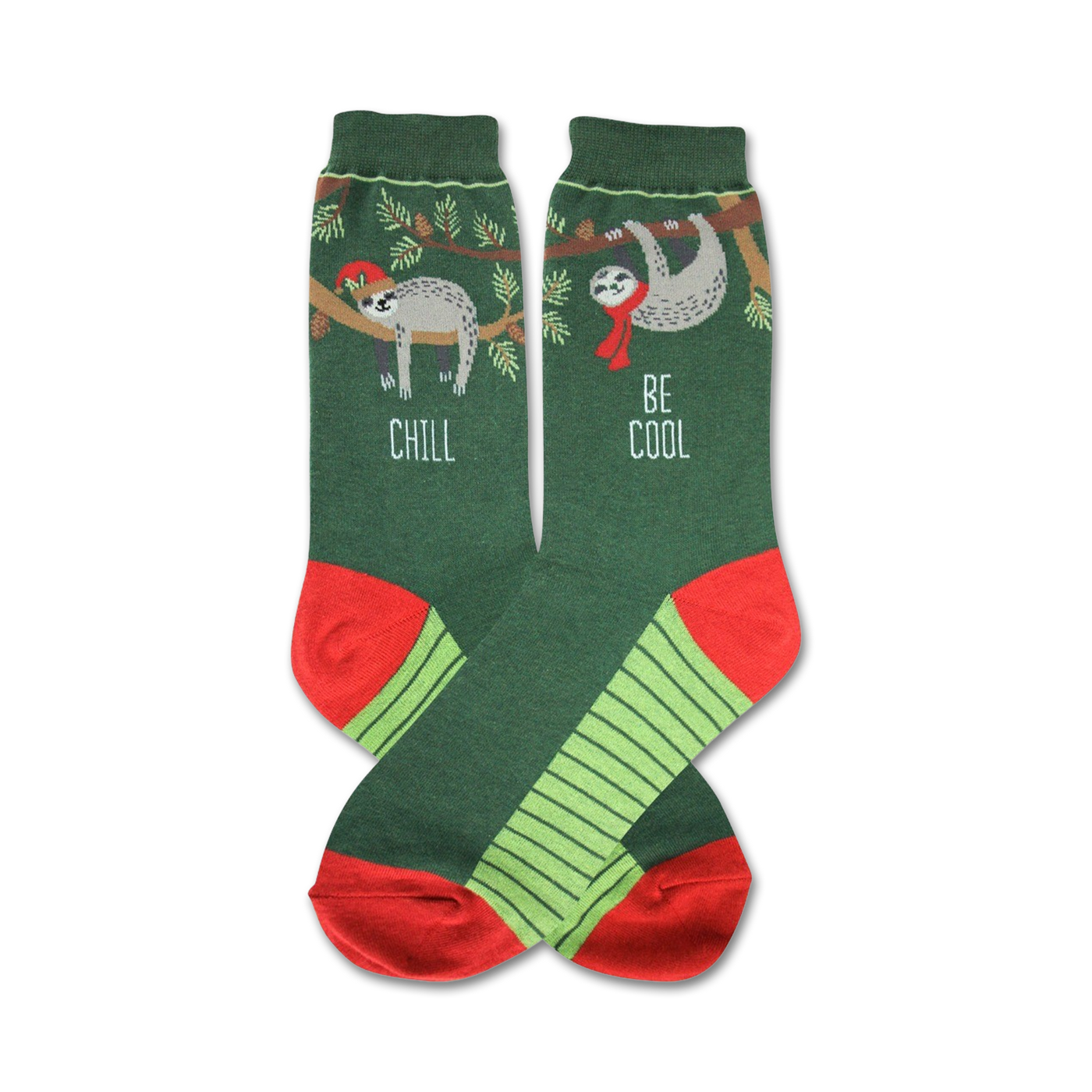Crew socks in green with lime green stripes and red cuffs. Feature two sloths; one wears a Santa hat, the other a scarf. Text reads 'Chill' and 'Be Cool'.