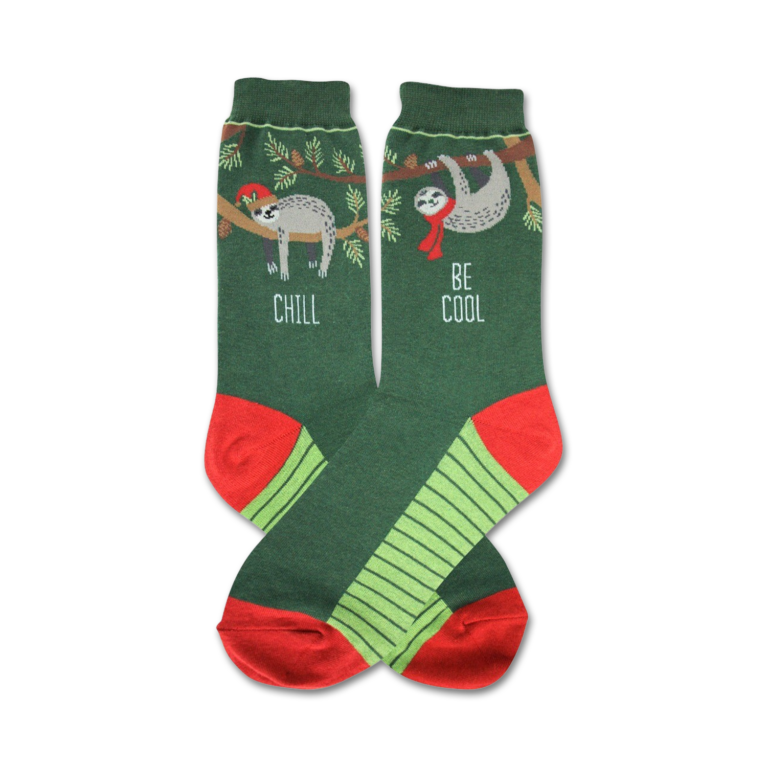 Crew socks in green with lime green stripes and red cuffs. Feature two sloths; one wears a Santa hat, the other a scarf. Text reads 'Chill' and 'Be Cool'.