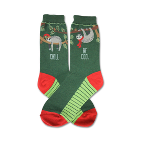 crew length women's socks with santa-wearing sloths on pine branches and "chill, be cool" message  