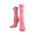 Pair of pink and white striped knee-high socks with 3D pig faces, ears, and snouts on the cuffs.