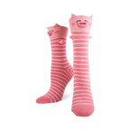 Pair of pink and white striped knee-high socks with 3D pig faces, ears, and snouts on the cuffs.