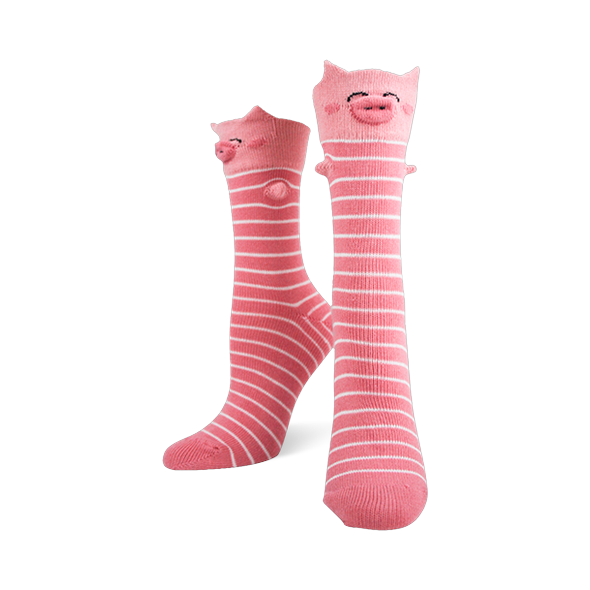 Pair of pink and white striped knee-high socks with 3D pig faces, ears, and snouts on the cuffs.