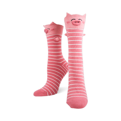 Pair of pink and white striped knee-high socks with 3D pig faces, ears, and snouts on the cuffs.