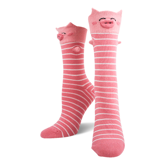 Pair of pink and white striped knee-high socks with 3D pig faces, ears, and snouts on the cuffs. }}