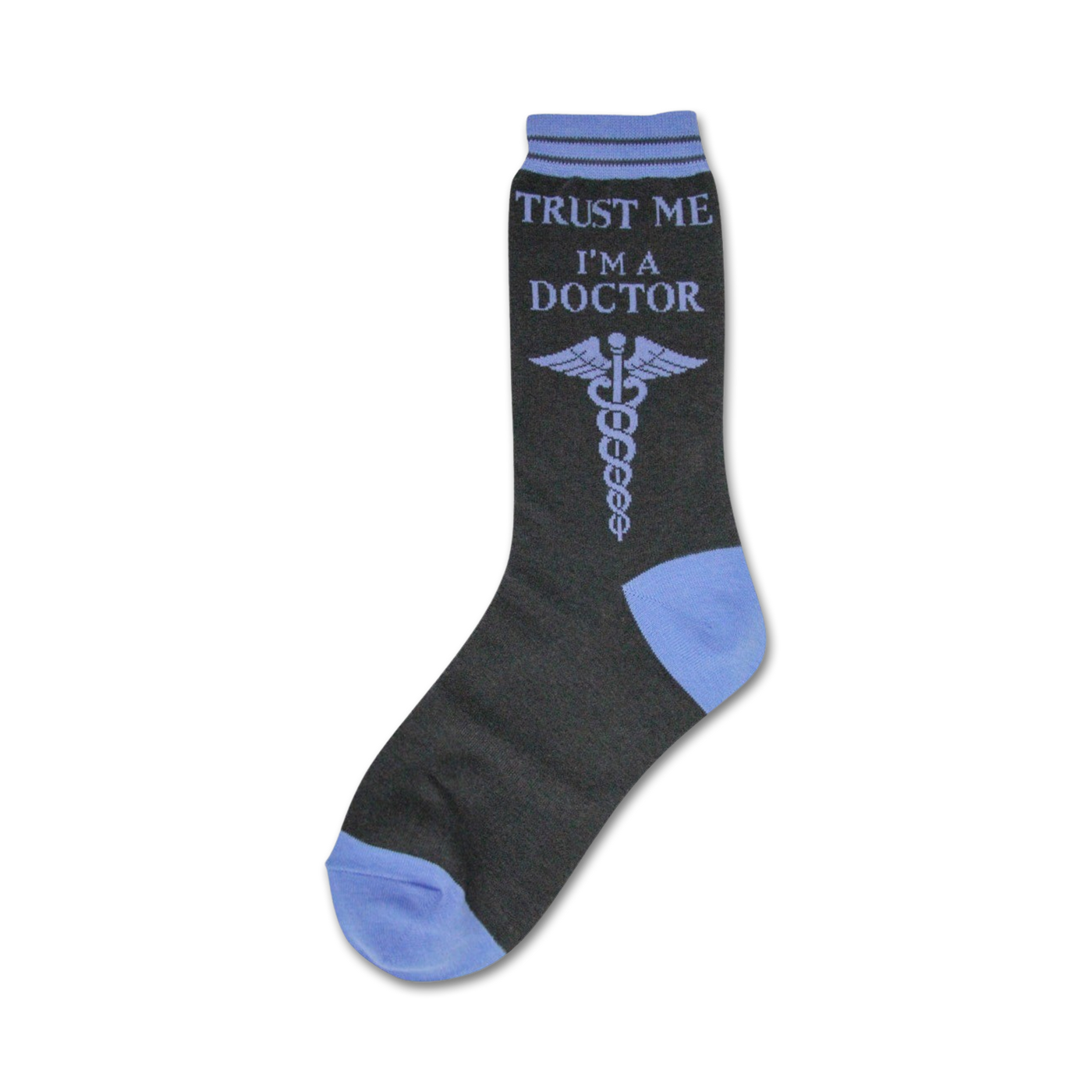Crew socks in dark gray with a light purple caduceus and the text 'Trust Me I'm A Doctor.' The toe and cuff are light blue.