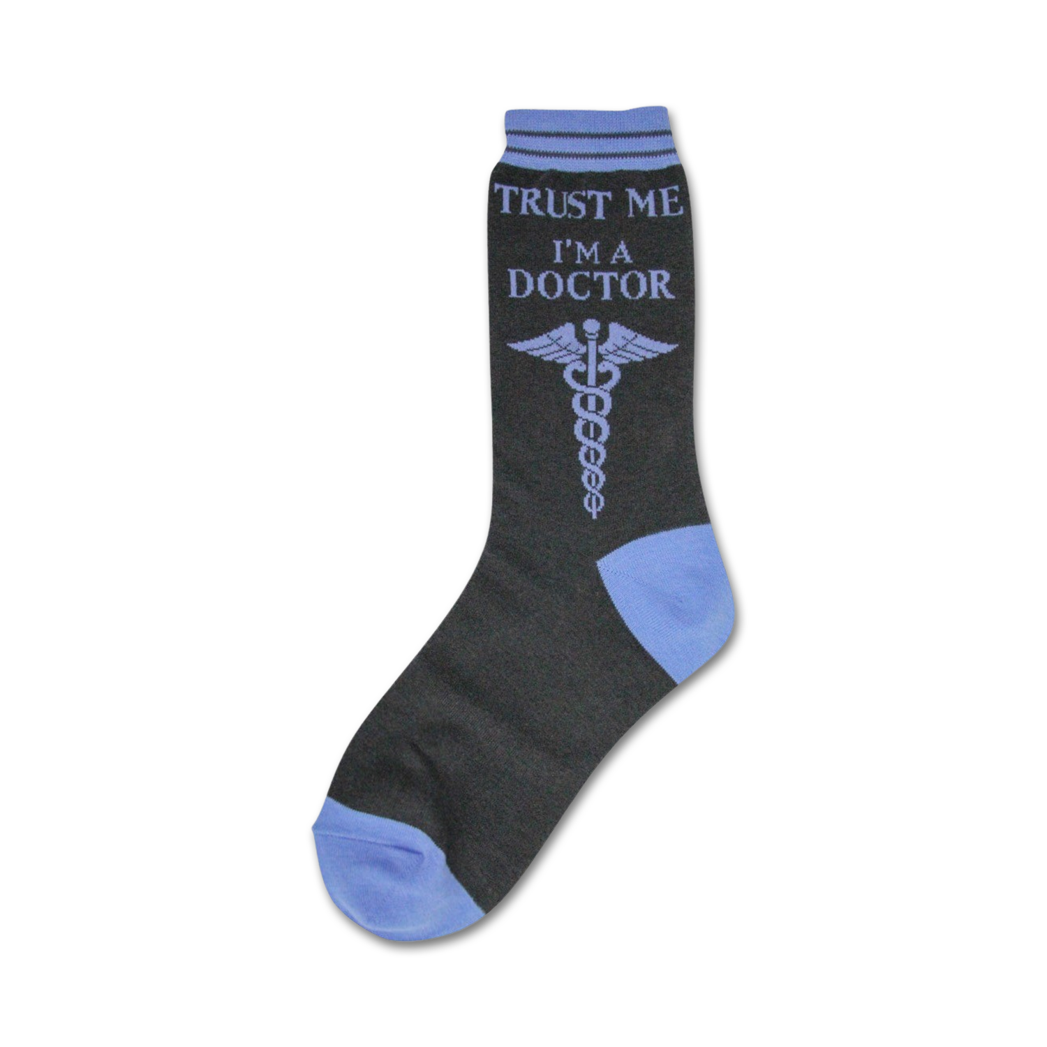 Crew socks in dark gray with a light purple caduceus and the text 'Trust Me I'm A Doctor.' The toe and cuff are light blue.