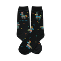 A pair of black crew socks with a fun pattern. The design includes colorful piñatas and the phrase "I'd Hit That."