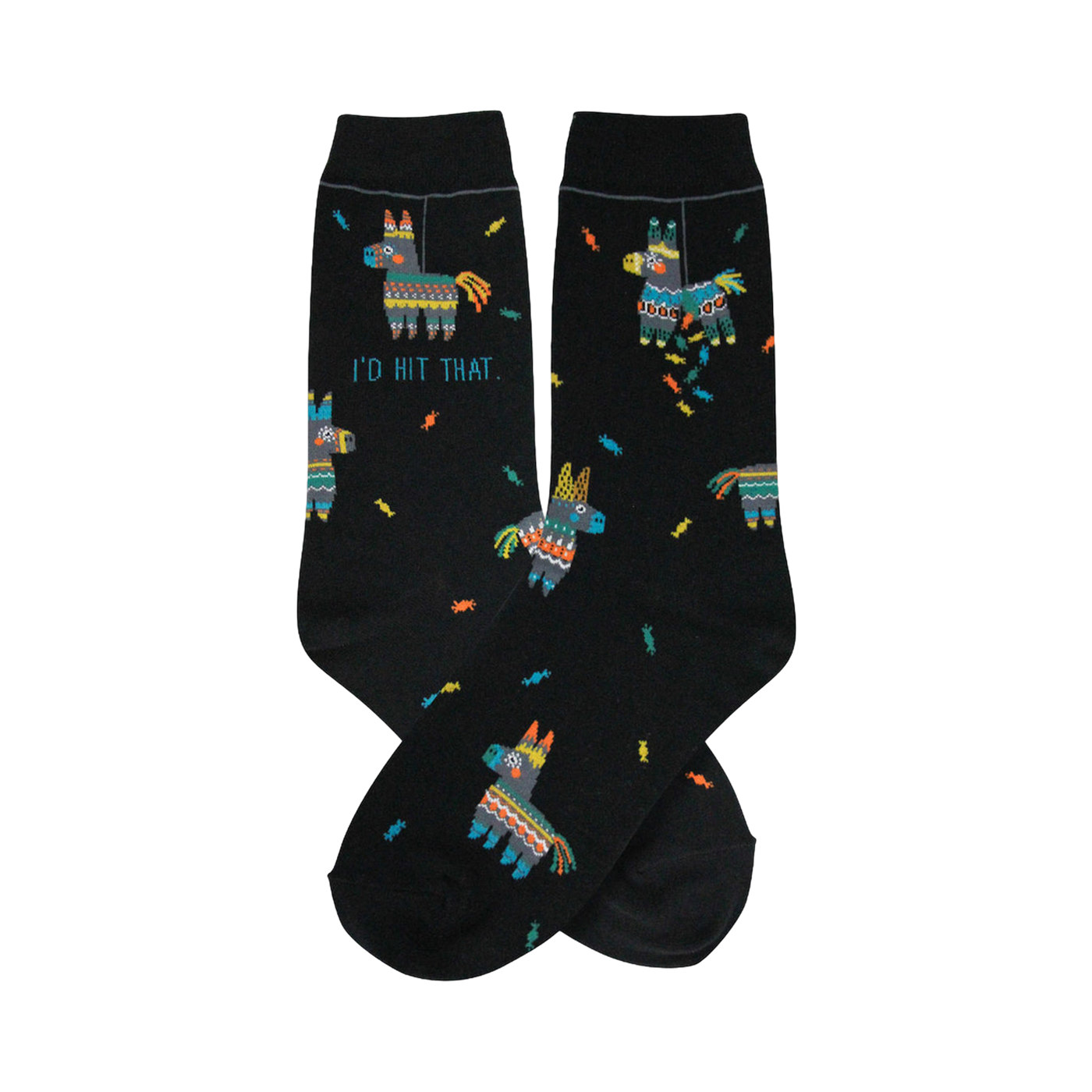 A pair of black crew socks with a fun pattern. The design includes colorful piñatas and the phrase "I'd Hit That."