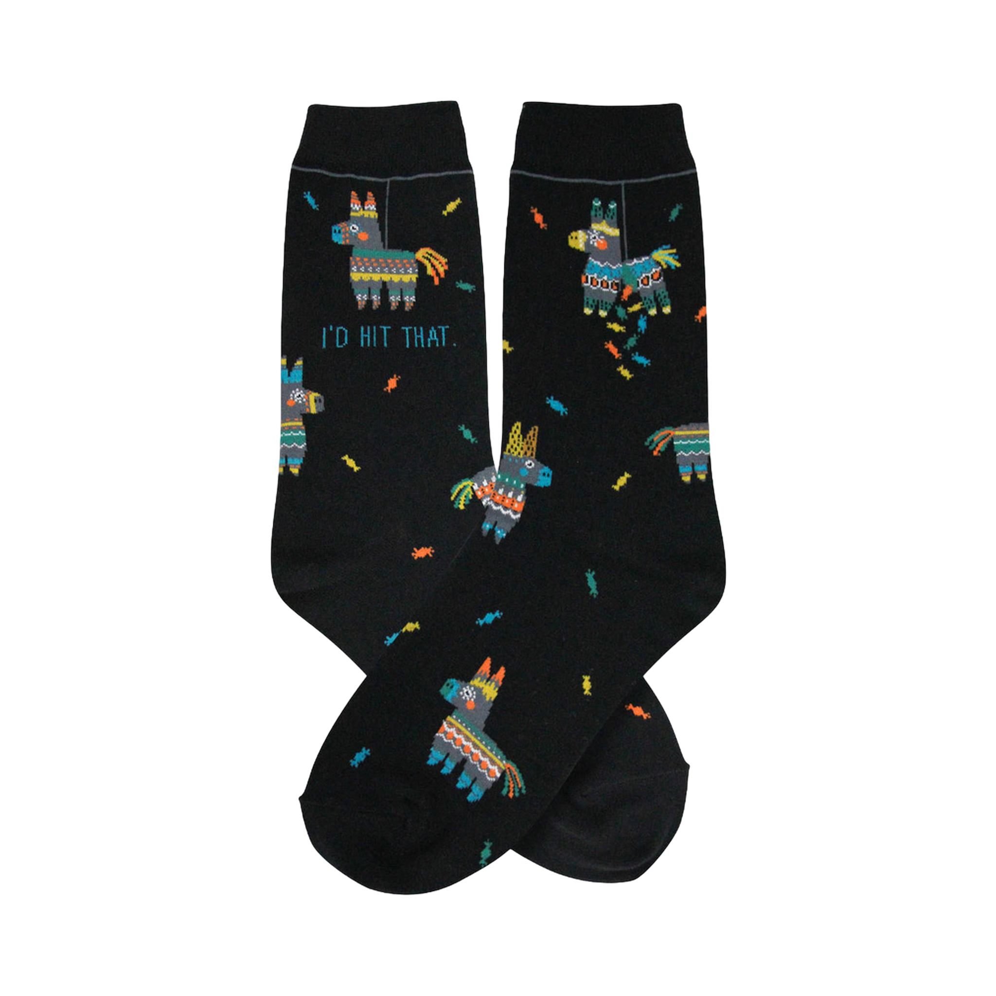 A pair of black crew socks with a fun pattern. The design includes colorful piñatas and the phrase "I'd Hit That."