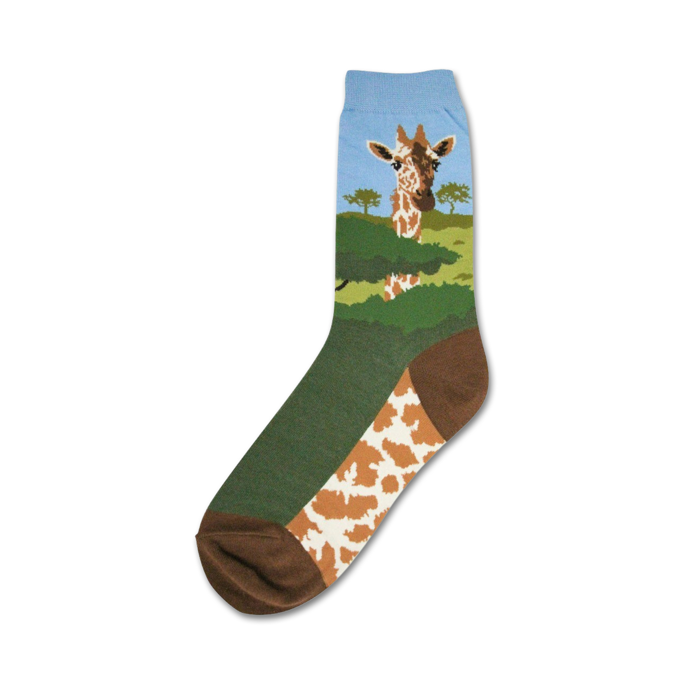 Crew socks showcasing a giraffe's face peeking from green savanna.  The socks are primarily green, brown, and light blue with a giraffe pattern.