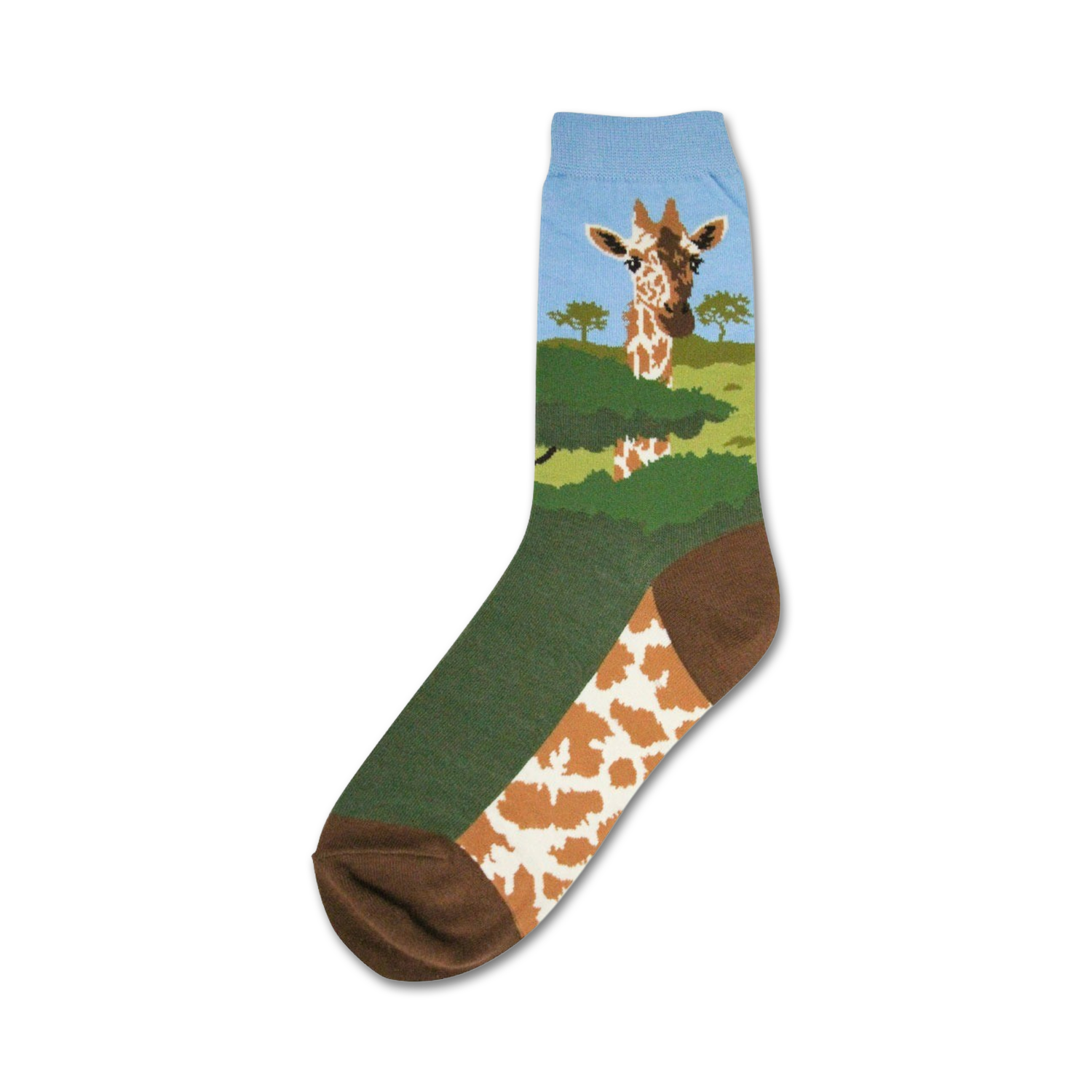 Crew socks showcasing a giraffe's face peeking from green savanna.  The socks are primarily green, brown, and light blue with a giraffe pattern.