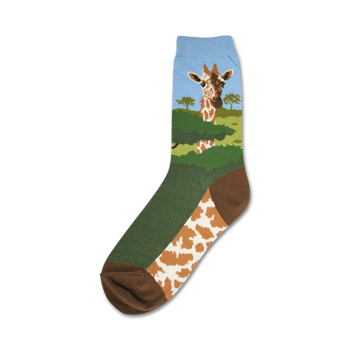 blue and brown crew socks showcasing a giraffe standing in a green field.  