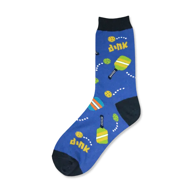 Crew socks in blue with pickleball paddles, balls, and the word "Dink."  Fun, colorful design for pickleball enthusiasts.
