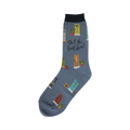 Crew socks in grayish-blue featuring a colorful door pattern and the text 'Shut the Front Door!'  Navy blue cuff.