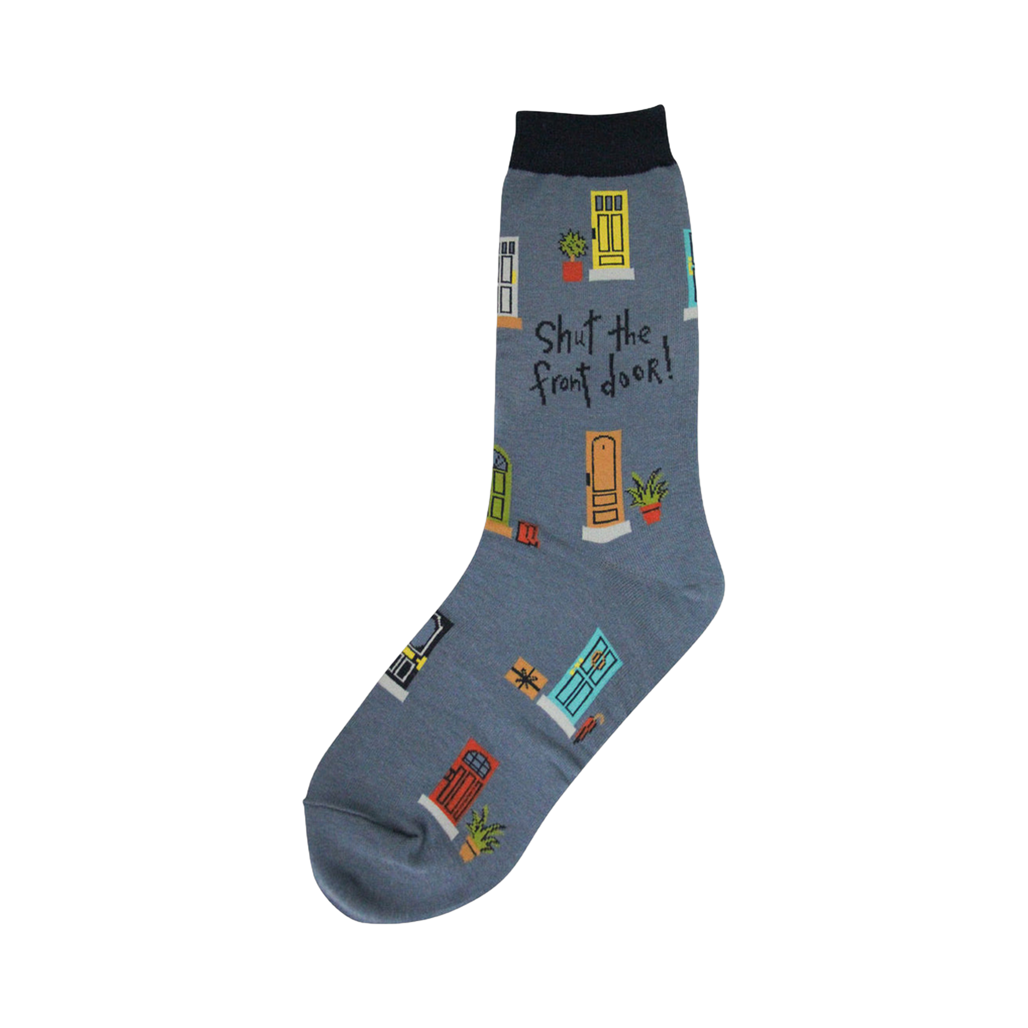 Crew socks in grayish-blue featuring a colorful door pattern and the text 'Shut the Front Door!'  Navy blue cuff.