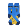 Crew socks in blue, navy, and gold.  The socks feature a syringe graphic and the text 'Badass Nurse!' and 'This won't hurt a bit!'