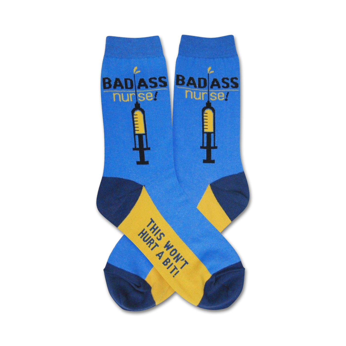 Crew socks in blue, navy, and gold.  The socks feature a syringe graphic and the text 'Badass Nurse!' and 'This won't hurt a bit!'