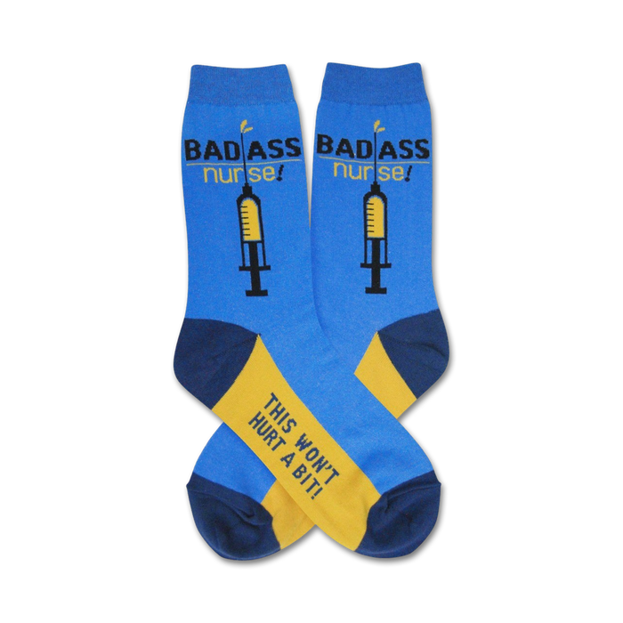 blue crew socks with yellow heel and toe, featuring 