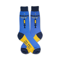Pair of blue crew socks with yellow accents.  They feature a syringe graphic and the text 'Badass Nurse!' and 'This won't hurt a bit!'