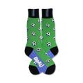 A pair of crew socks with a green field design, scattered soccer balls, and a 'Goal!' detail on the bottom. The socks are black and green with light blue accents.