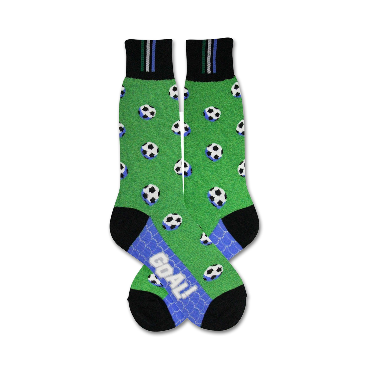 A pair of crew socks with a green field design, scattered soccer balls, and a 'Goal!' detail on the bottom. The socks are black and green with light blue accents.