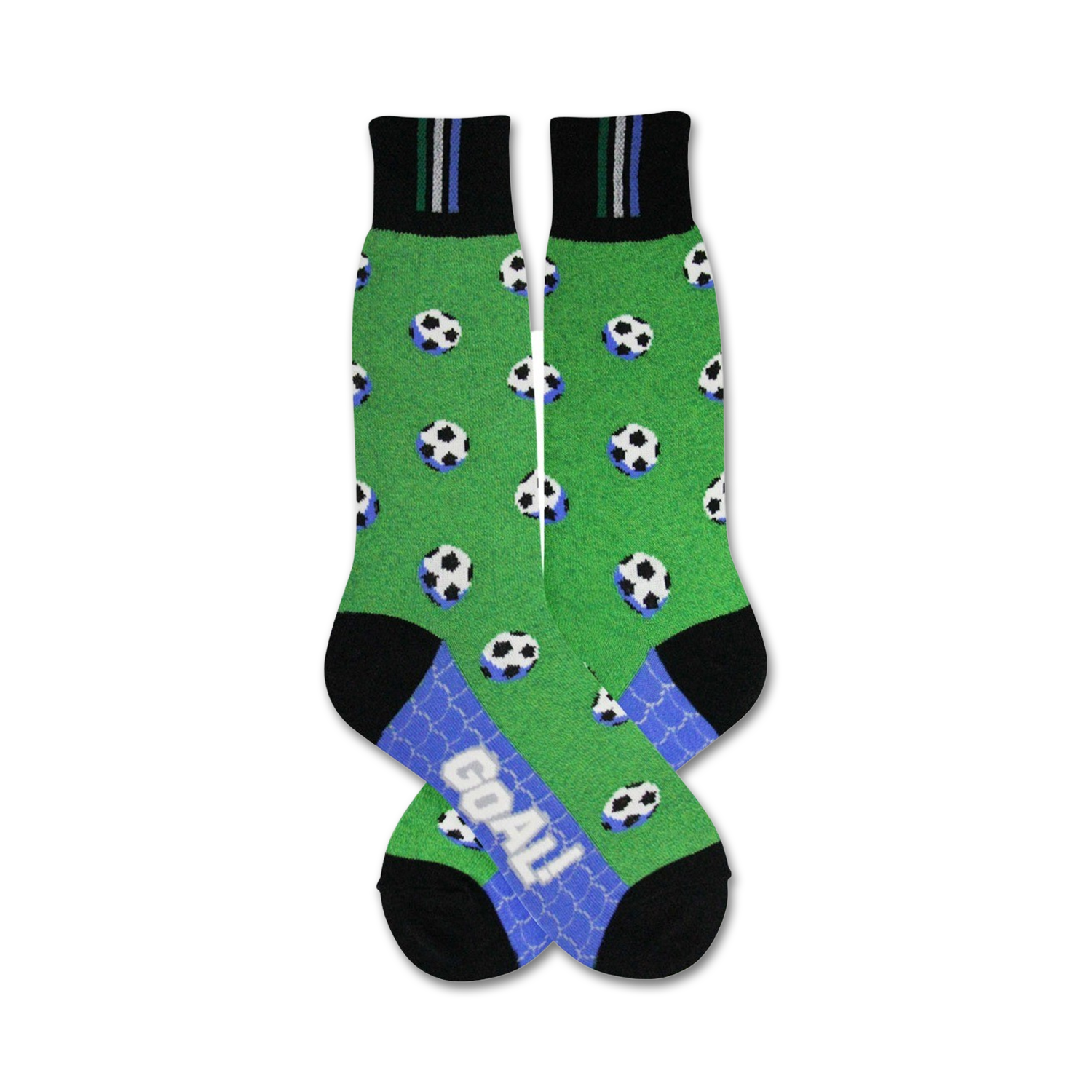 A pair of crew socks with a green field design, scattered soccer balls, and a 'Goal!' detail on the bottom. The socks are black and green with light blue accents.
