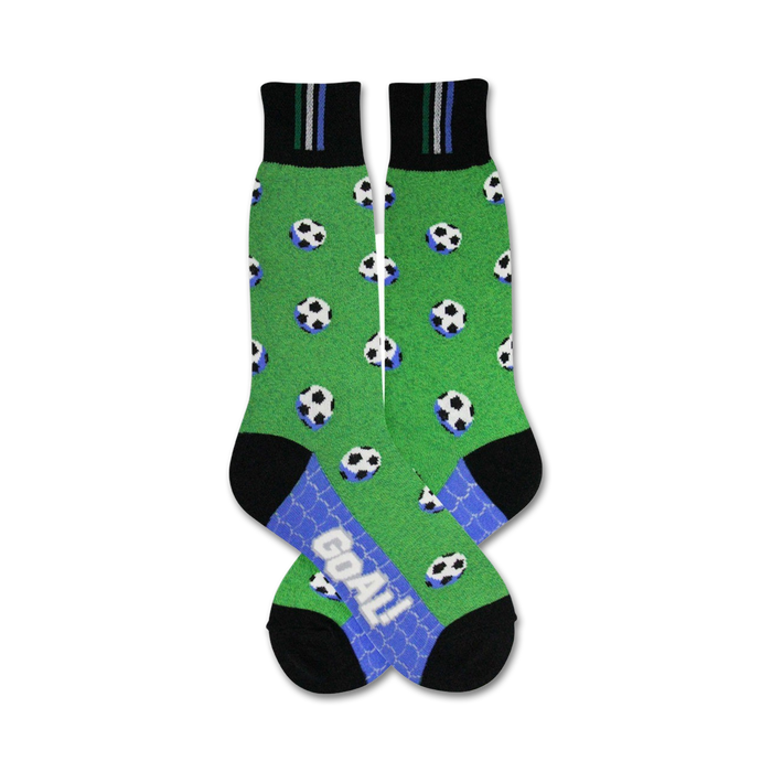 green crew socks with black and white soccer ball pattern, black heel and toe, and word goal on sole; mens.   }}