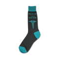 Dark grey crew socks with a teal caduceus and the text 'Trust me, I'm a doctor'. Teal accents on the cuff and toe.