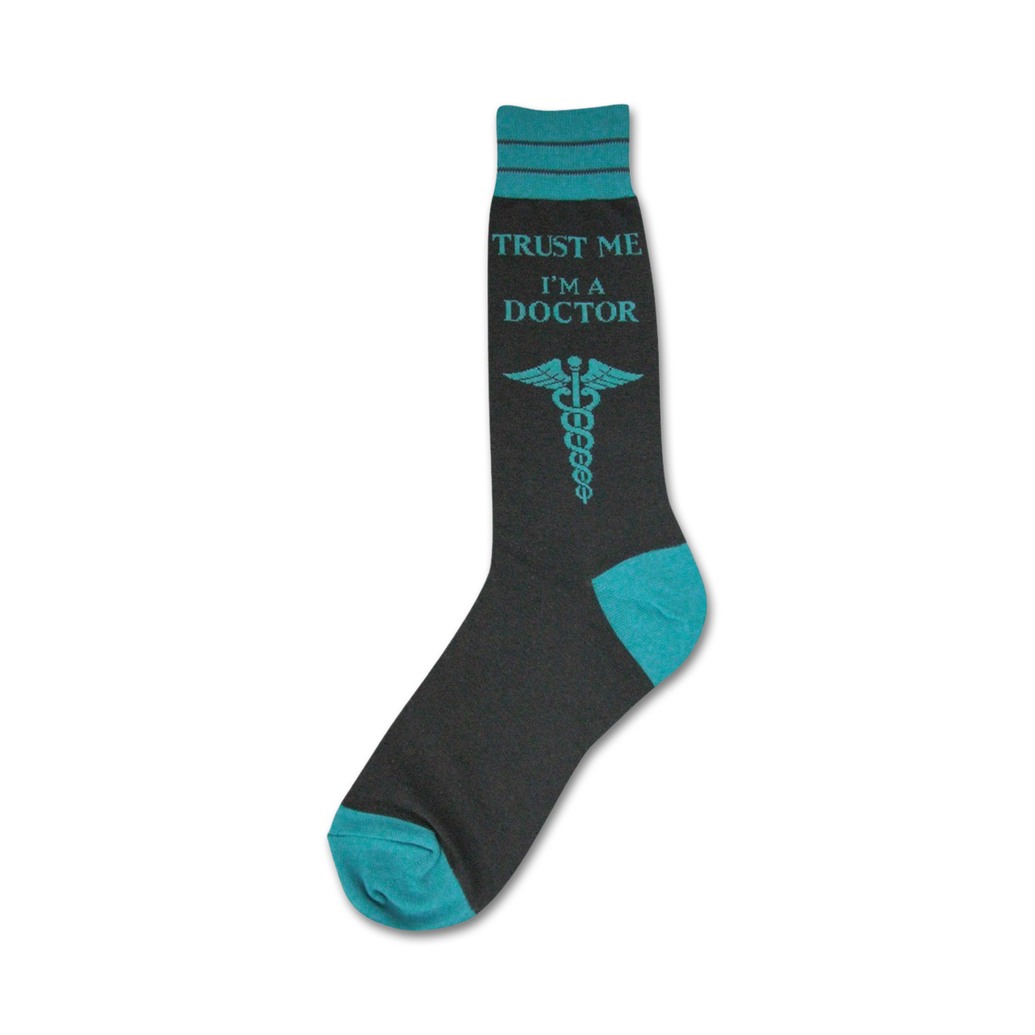 Dark grey crew socks with a teal caduceus and the text 'Trust me, I'm a doctor'. Teal accents on the cuff and toe.