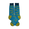 Pair of teal crew socks with a pattern of smiling green alligators and bubbles.  The socks have olive green heels and toes.