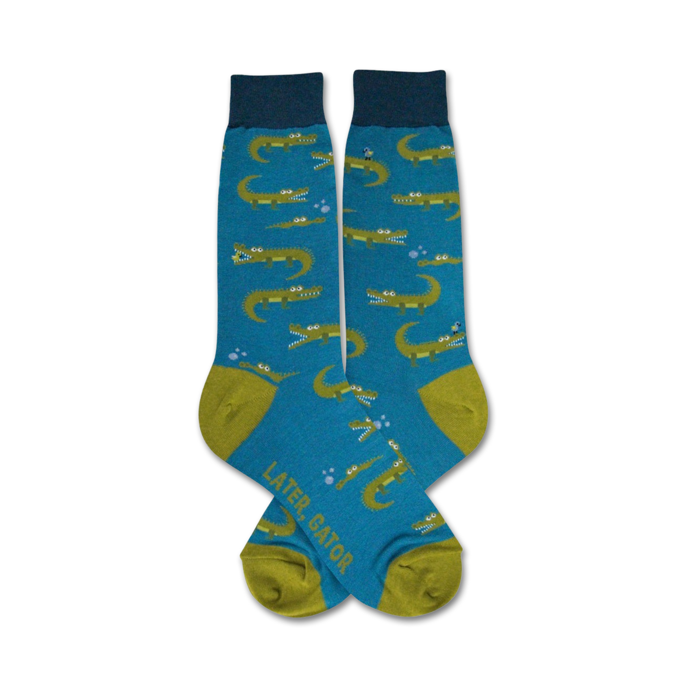Pair of teal crew socks with a pattern of smiling green alligators and bubbles.  The socks have olive green heels and toes.