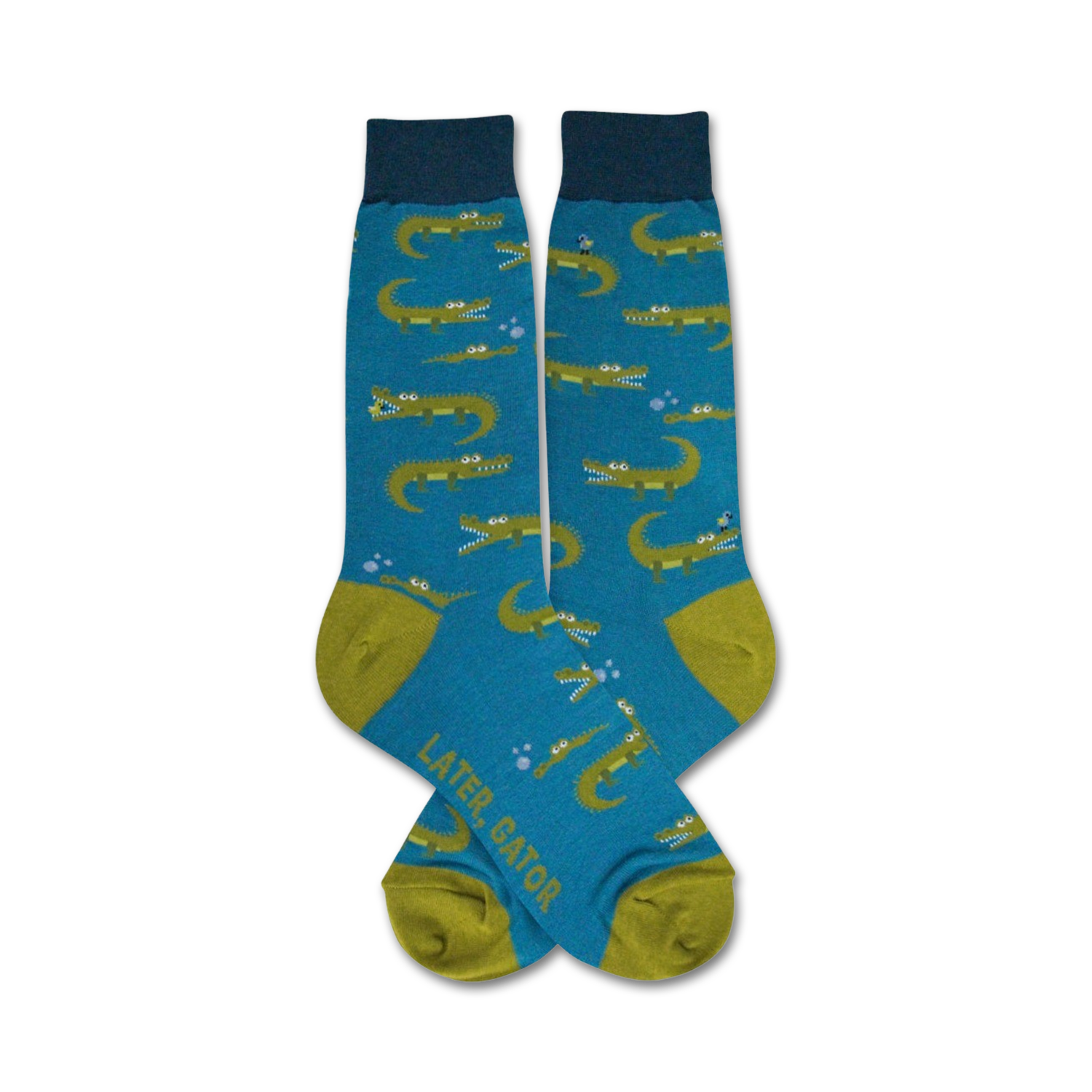 Pair of teal crew socks with a pattern of smiling green alligators and bubbles.  The socks have olive green heels and toes.