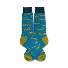 blue crew socks with green alligator pattern wearing party hats and polka dot bellies. men's.   