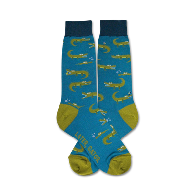 blue crew socks with green alligator pattern wearing party hats and polka dot bellies. men's.   