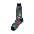 Gray crew socks with colorful coffee cups and paper airplanes.  Text reads 'Work Sucks! When's Recess?'
