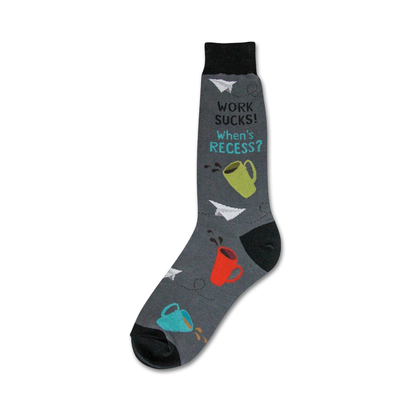Gray crew socks with colorful coffee cups and paper airplanes.  Text reads 'Work Sucks! When's Recess?'