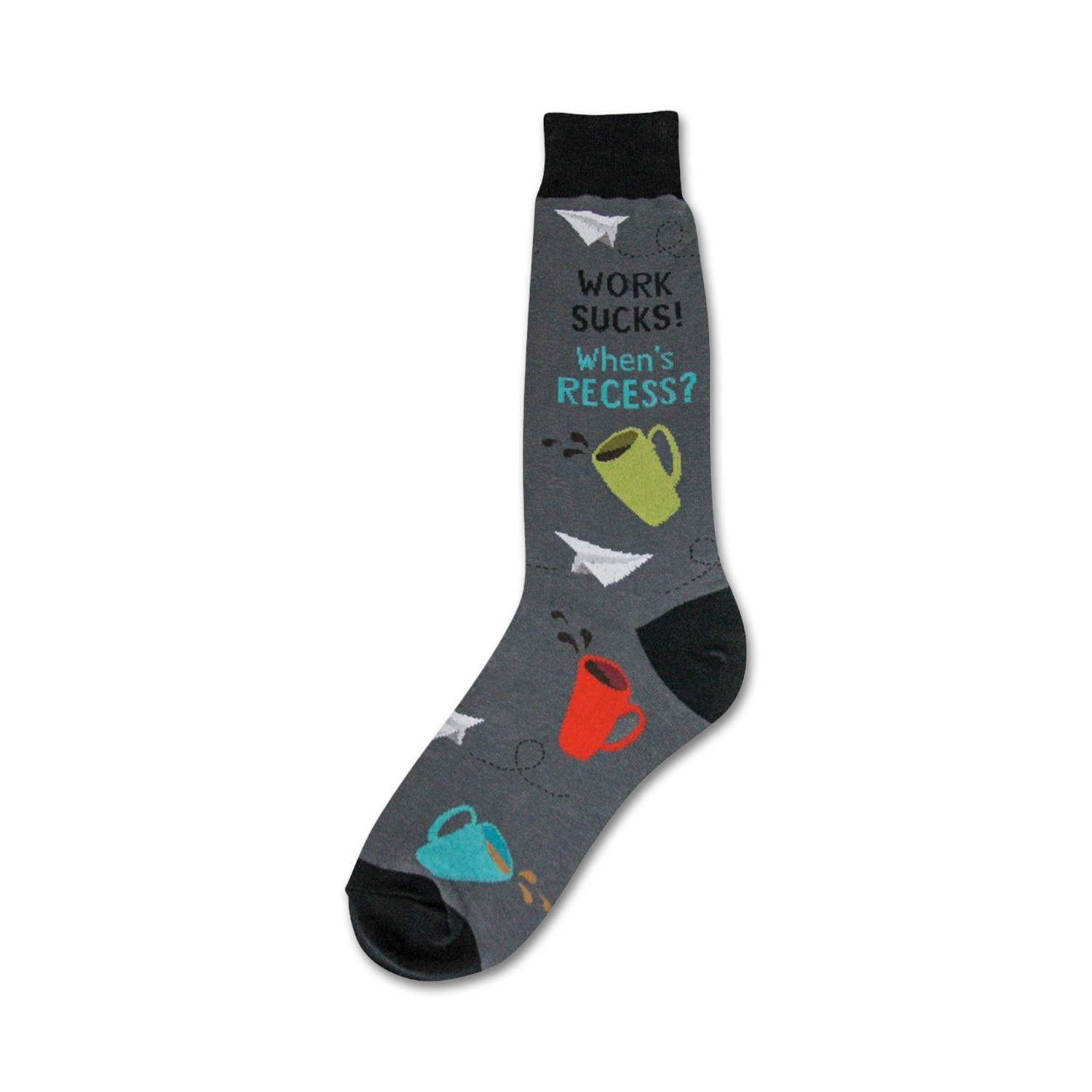 Gray crew socks with colorful coffee cups and paper airplanes.  Text reads 'Work Sucks! When's Recess?'