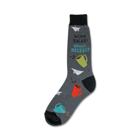 funny men's crew socks with 'work sucks' and 'when's recess' print for novelty, humor, and daily fun.  
