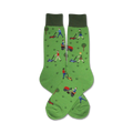 Pair of green crew socks with a pattern of people mowing lawns on riding and push mowers.  The socks have dark green cuffs.