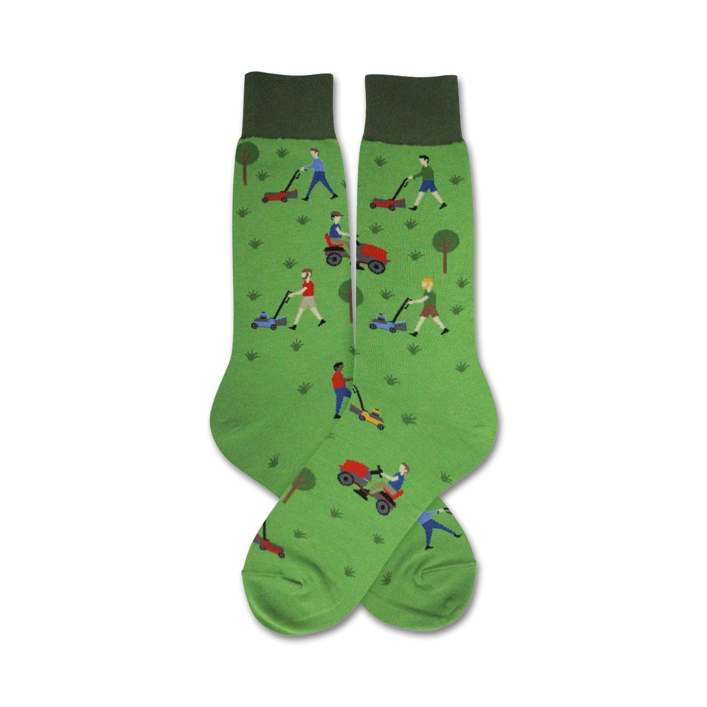 Pair of green crew socks with a pattern of people mowing lawns on riding and push mowers.  The socks have dark green cuffs.