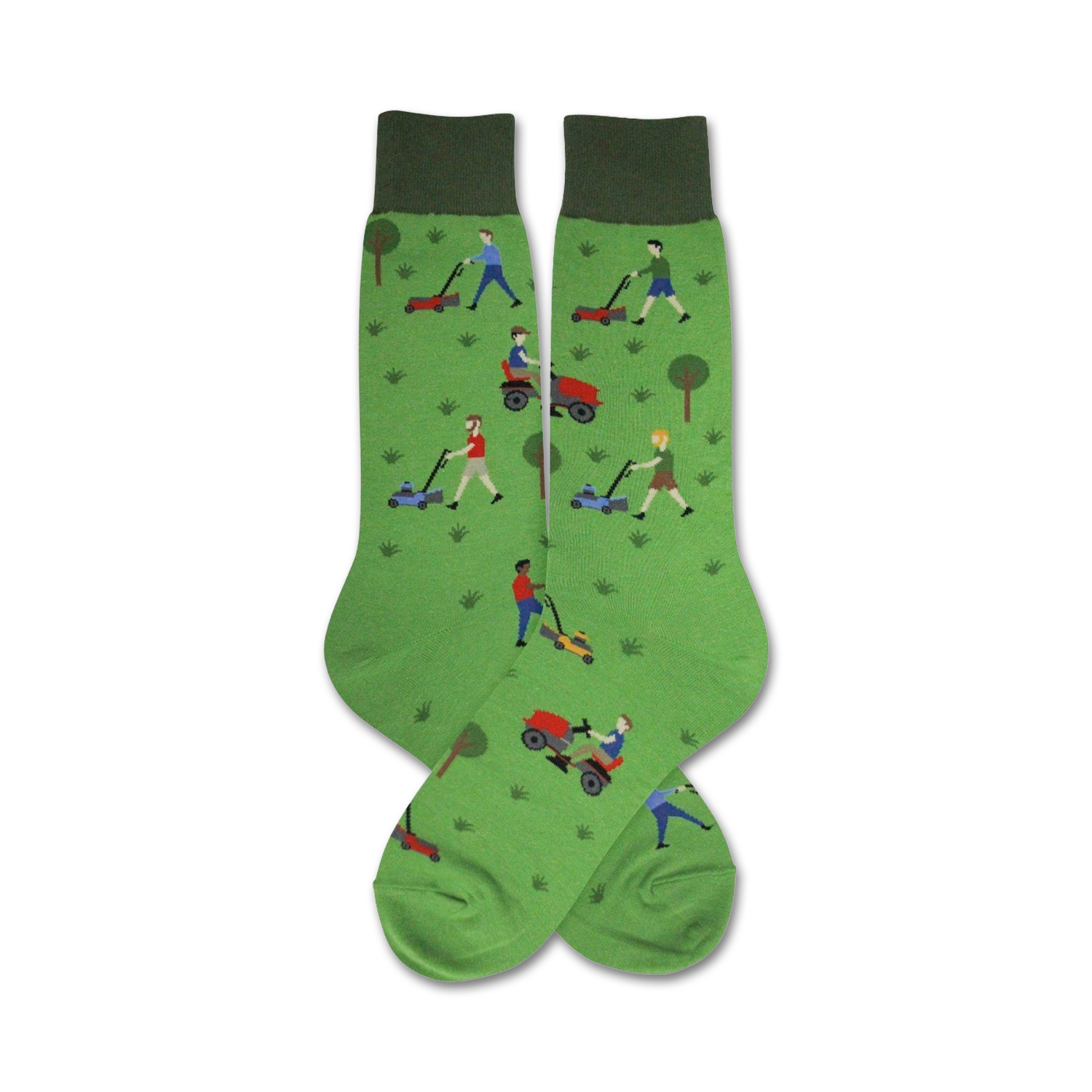 Pair of green crew socks with a pattern of people mowing lawns on riding and push mowers.  The socks have dark green cuffs.