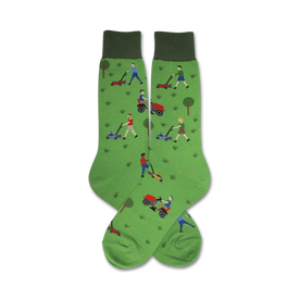 men's crew socks - mowing - green with pattern of men mowing lawns with red, blue, and yellow lawn mowers   