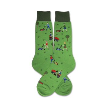 men's crew socks - mowing - green with pattern of men mowing lawns with red, blue, and yellow lawn mowers   