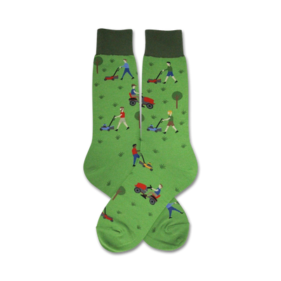 men's crew socks - mowing - green with pattern of men mowing lawns with red, blue, and yellow lawn mowers   