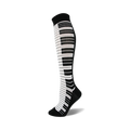 Knee-high socks in black and white, featuring a piano key design down the side.  A fun and stylish accessory!
