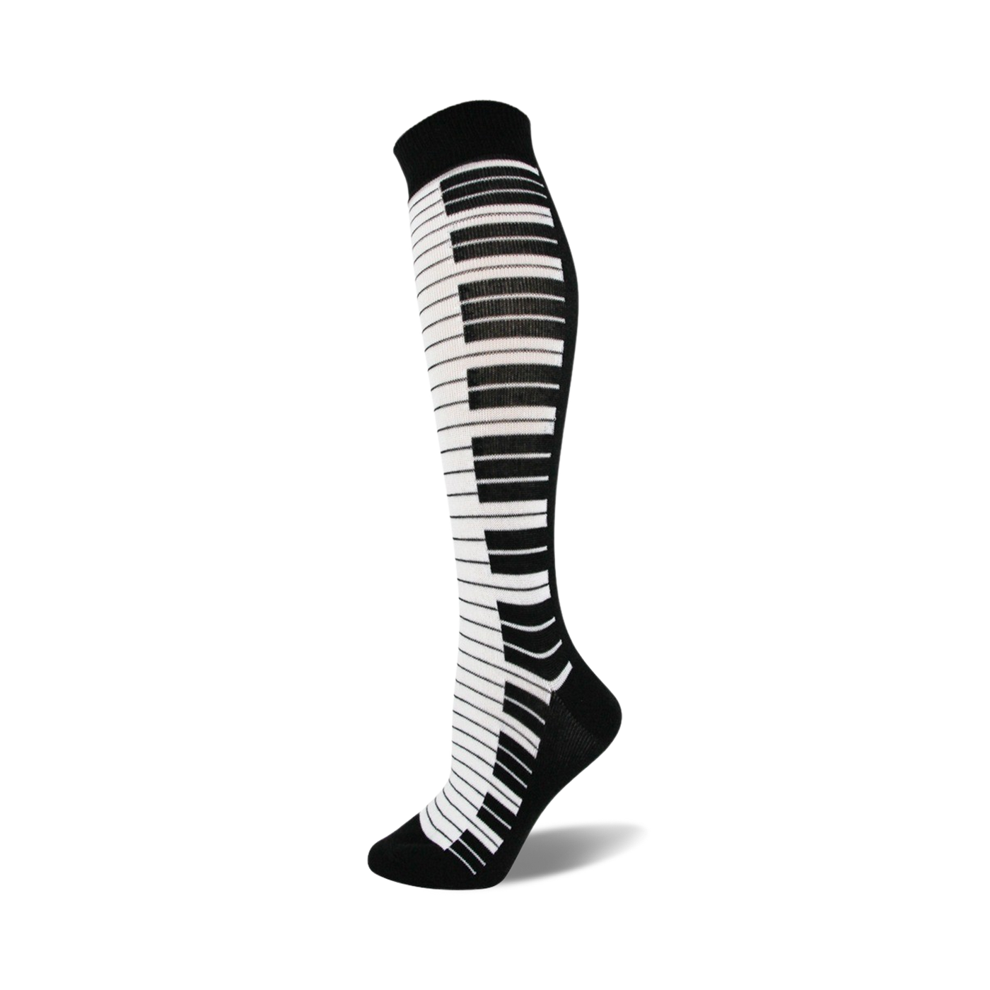 Knee-high socks in black and white, featuring a piano key design down the side.  A fun and stylish accessory!