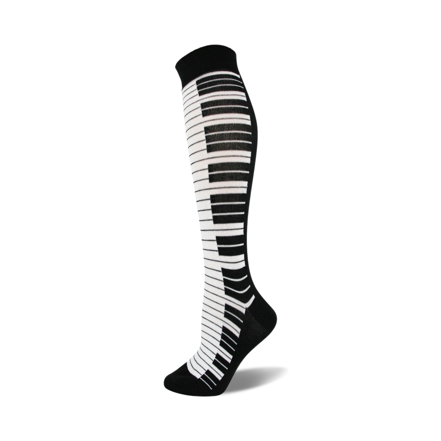 Knee-high socks in black and white, featuring a piano key design down the side.  A fun and stylish accessory!
