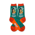 Pair of teal and orange crew socks.  A retro-style woman exclaims 'I can't find my phone!' The socks also say 'Help!'