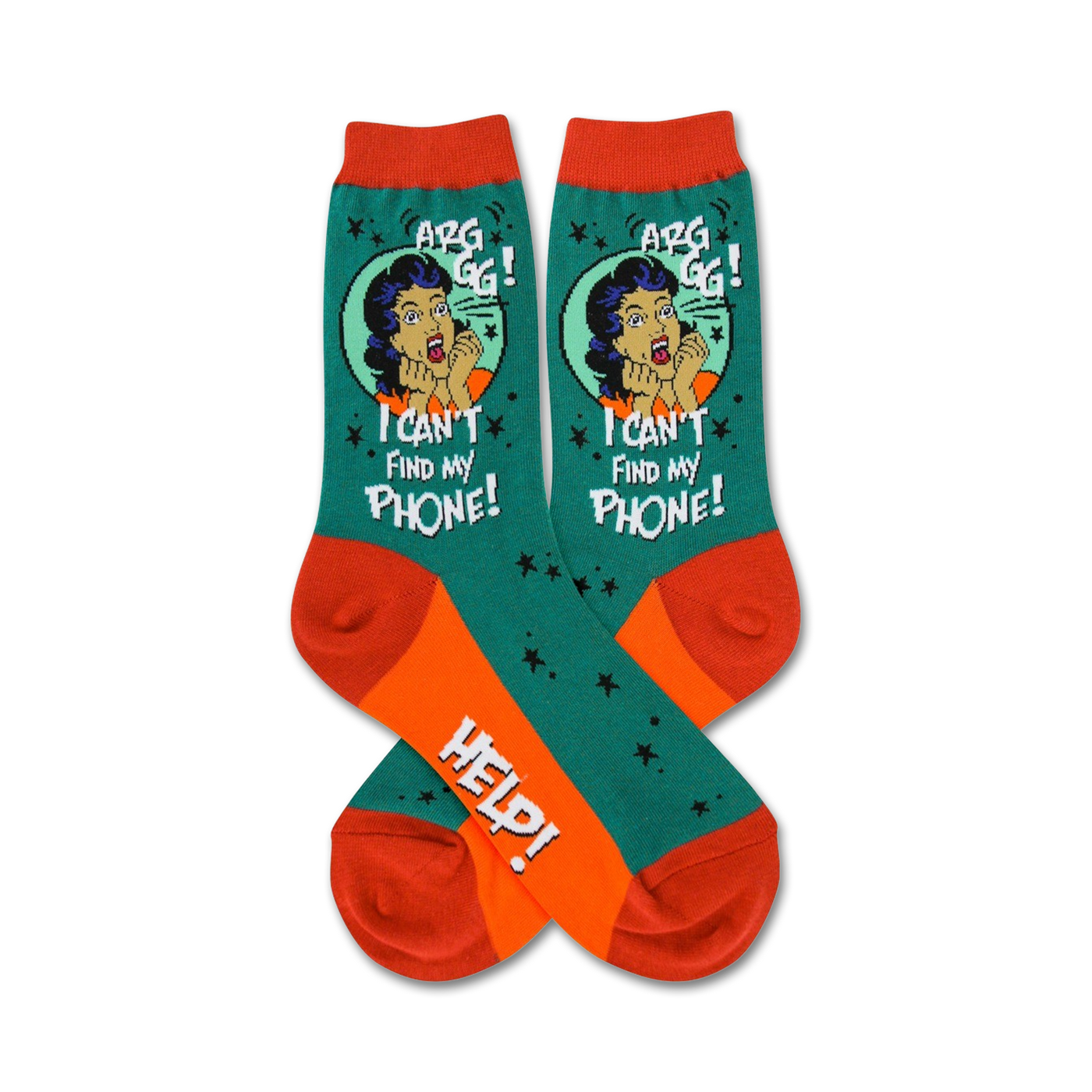 Pair of teal and orange crew socks.  A retro-style woman exclaims 'I can't find my phone!' The socks also say 'Help!'