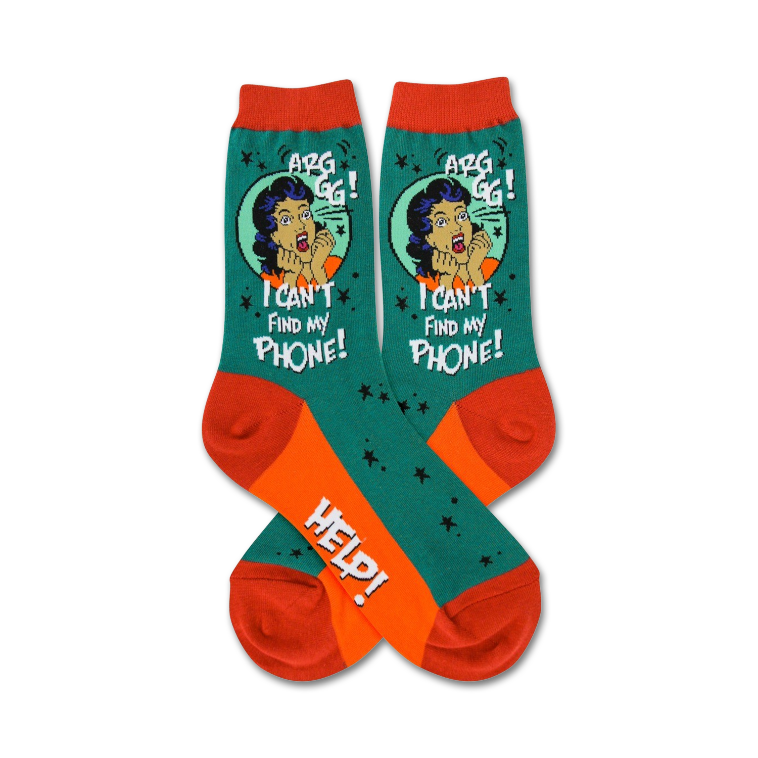 Pair of teal and orange crew socks.  A retro-style woman exclaims 'I can't find my phone!' The socks also say 'Help!'